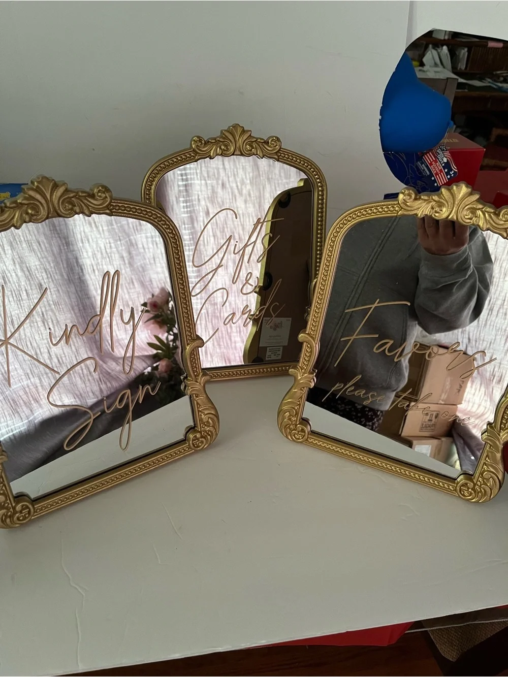 Mirrored Gold Ornate Decorative Wedding Signs Party Decoration- Set of 3